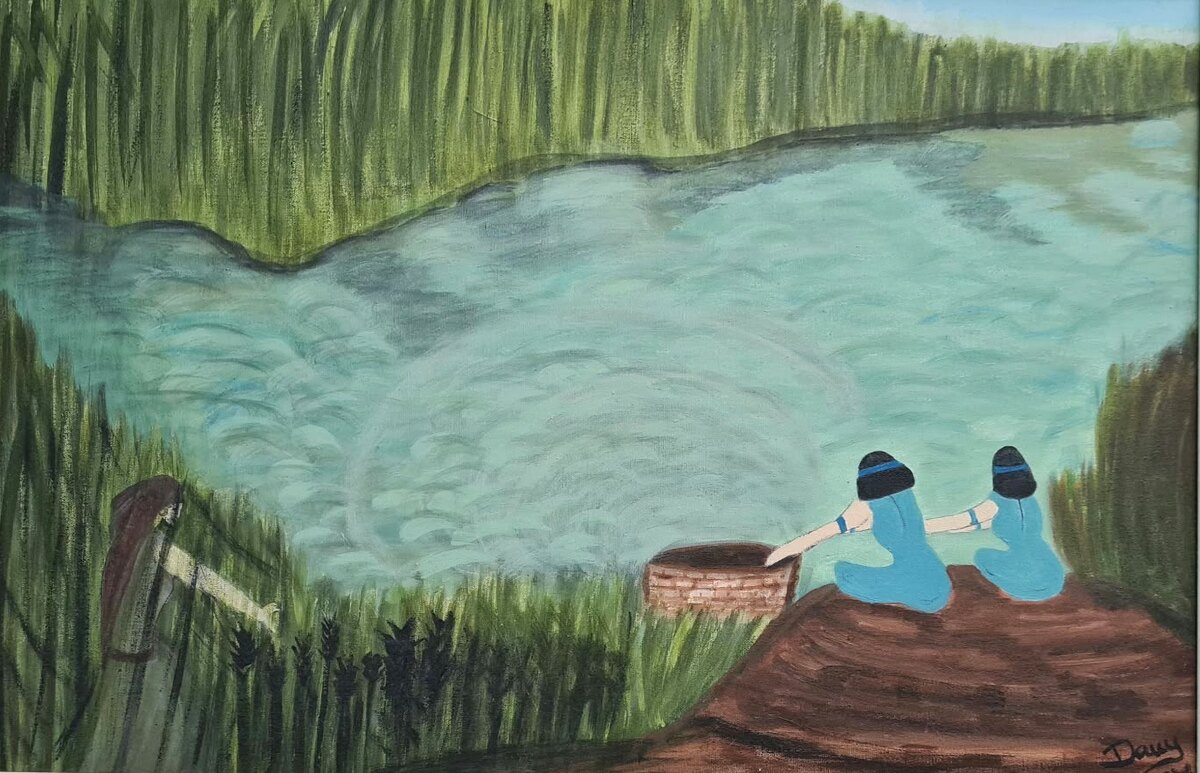 Pintura de um cesto entre os juncos à beira da água com duas figuras de azul ao lado — Moisés nas águas, de autoria de Daniela